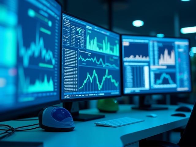 Financial graphs and data visualized on multiple screens